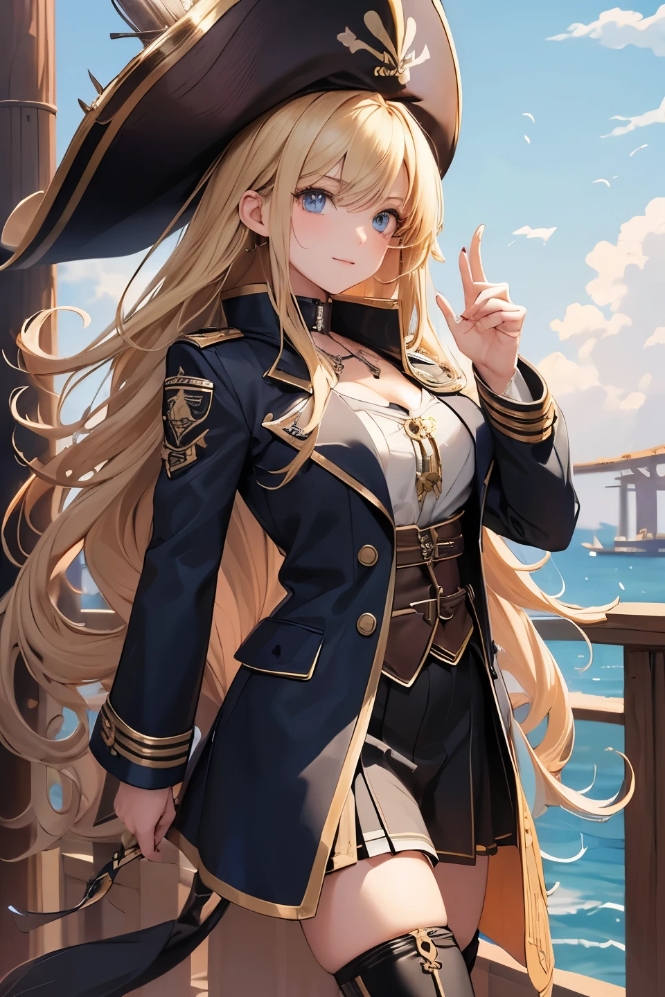 (masterpiece:1.3), (best quality:1.3), (8k, ultra detailed, ultra high res:1.2), ((anime style)), ((perfect 5 fingers, perfect anatomy)),
1girl,
BREAK long hair, wavy hair, (blonde hair), (blue eyes), {pirate, pirate hat, pirate coat, long boots, zettai ryouiki:1.5}, cowboy shot, outdoor,