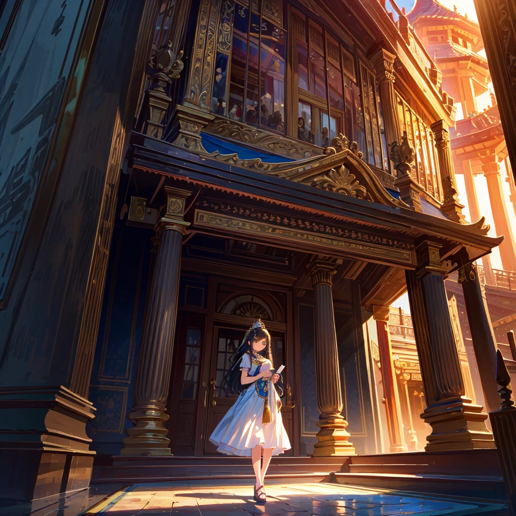 absurdres, highres, ultra detailed, (1girl:1.3), BREAK , Design a beautiful temple scene, with intricate architecture, lush gard