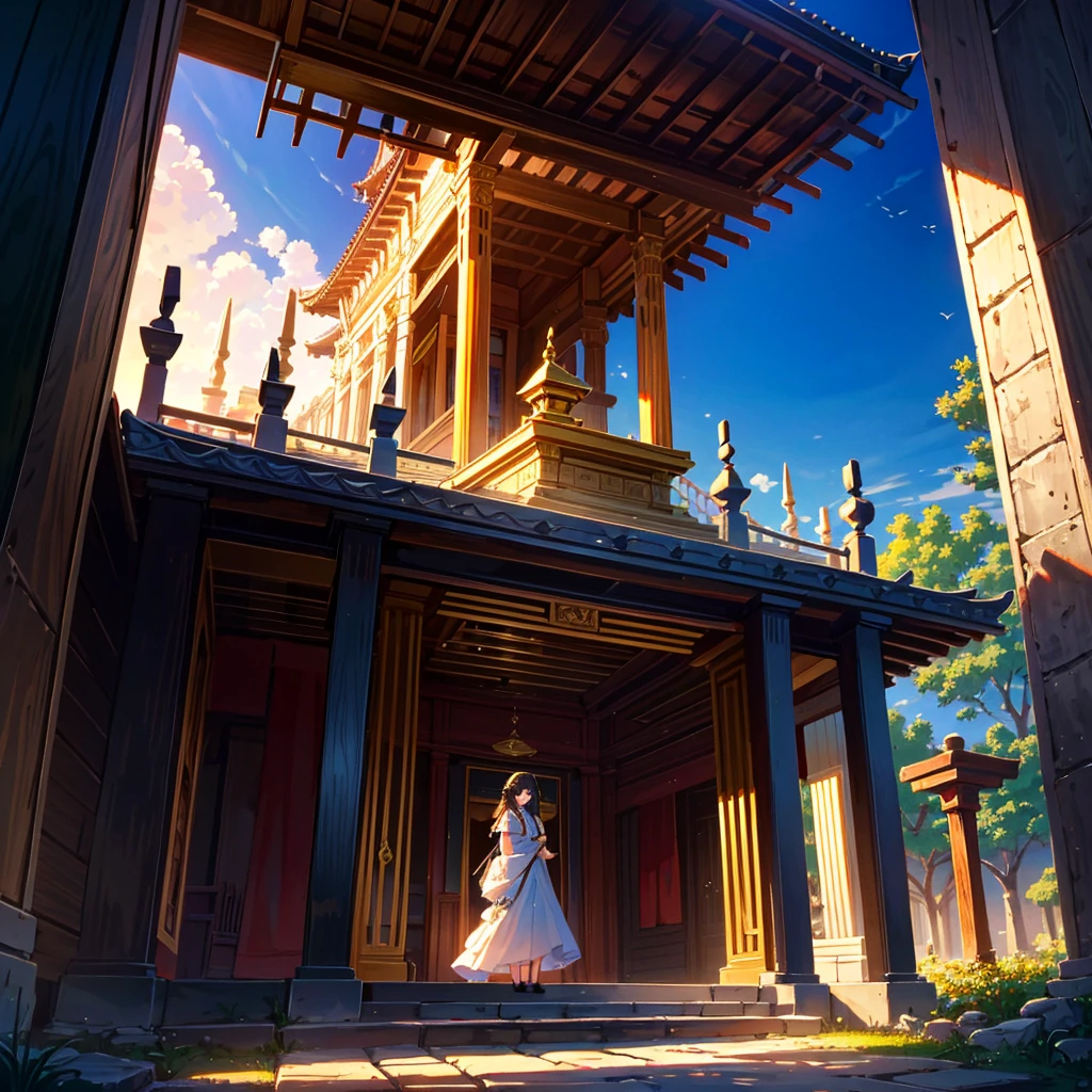 absurdres, highres, ultra detailed, (1girl:1.3), BREAK , Design a beautiful temple scene, with intricate architecture, lush gard