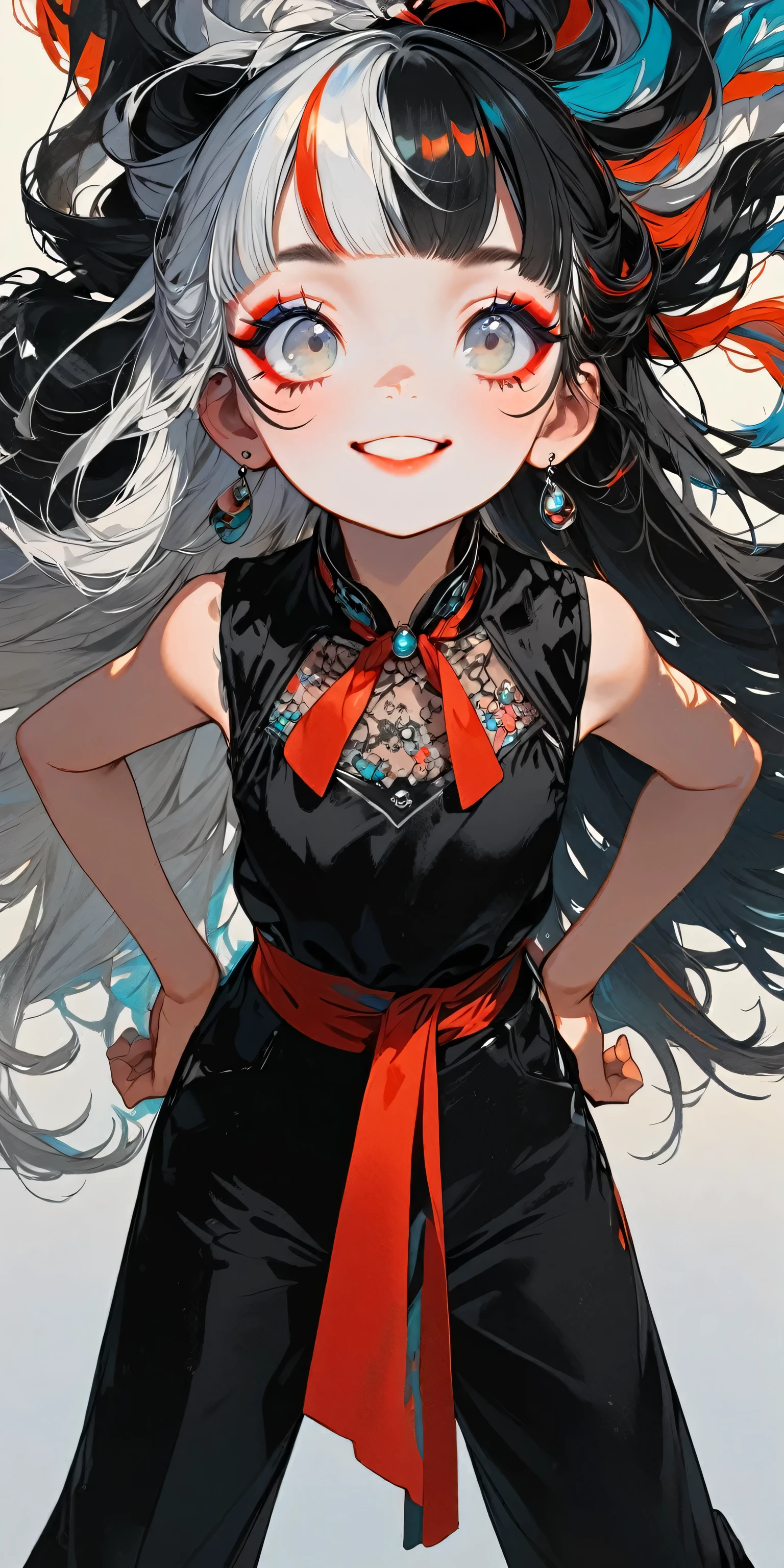 1girl, solo, smile, standing with legs spread apart, hands on hips, flat chest, upper body bent forward, long hair, looking up, bangs, black hair, jewelry, full body, white hair, multicolored hair, earrings, black laced blouse, sleeveless, red bow tie, black short pants, blunt bangs, (two-tone hair), grey eyes, sash, makeup, eyeshadow, (split-color hair), portfolio, portrait, album cover