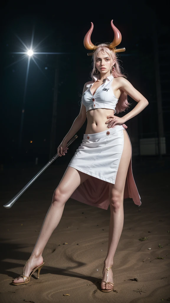 Moisturized skin, realistic body, (), (girl), earrings, (cute face), smiling cheerfully, white blouse, (ONE PIECE Yamato),
BREAK,
bright red lipstick, (beautiful navel), (light pink hair), beautiful hair, gradient hair,
BREAK,
(masterpiece, highest quality, high resolution, highly detailed), (full body: 1.2), symmetrical, one shot,
BREAK,
(wind blowing), outdoors,
BREAK,
assassination,, fantastical, dynamic, (in the middle of war, fighting stance), (war, bloody, chaos), (raising a club), demon's iron club,