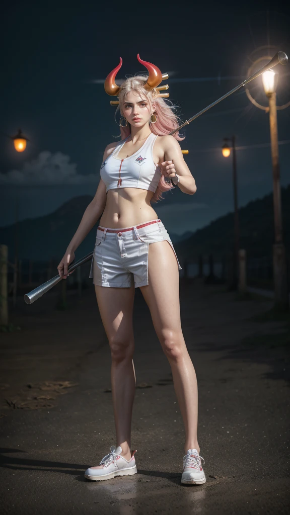 Moisturized skin, realistic body, (16 years old), (girl), earrings, (cute face), smiling cheerfully, white blouse, (ONE PIECE Yamato),
BREAK,
bright red lipstick, (beautiful navel), (light pink hair), beautiful hair, gradient hair,
BREAK,
(masterpiece, highest quality, high resolution, highly detailed), (full body: 1.2), symmetrical, one shot,
BREAK,
(wind blowing), outdoors,
BREAK,
assassination,, fantastical, dynamic, (in the middle of war, fighting stance), (war, bloody, chaos), (raising a club), demon's iron club,