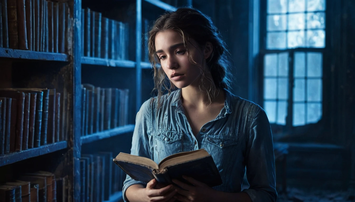 Create a cinematic, realistic photo. In an abandoned, blue-toned library with dust-covered books and broken shelves, Jessy stands in the middle of the room, illuminated by a soft, ethereal blue light filtering through a cracked ceiling. She holds an old, leather-bound book close to her chest, her face clearly visible and filled with a mix of sadness and quiet determination. The light highlights the contours of her face, emphasizing her resolute expression as she affirms her worthiness. The surrounding decay contrasts with the clarity of her focused gaze, symbolizing her inner strength and belief in her own greatness despite the desolate environment. The overall mood is serene and breathtaking.