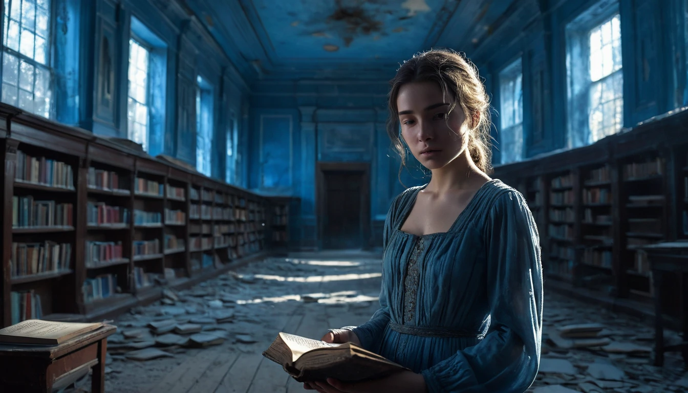 Create a cinematic, realistic photo. In an abandoned, blue-toned library with dust-covered books and broken shelves, Jessy stands in the middle of the room, illuminated by a soft, ethereal blue light filtering through a cracked ceiling. She holds an old, leather-bound book close to her chest, her face clearly visible and filled with a mix of sadness and quiet determination. The light highlights the contours of her face, emphasizing her resolute expression as she affirms her worthiness. The surrounding decay contrasts with the clarity of her focused gaze, symbolizing her inner strength and belief in her own greatness despite the desolate environment. The overall mood is serene and breathtaking.