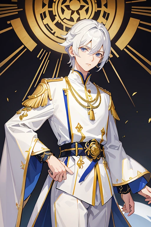 Neuvillette from Genshin Impact 30 years old white hair blue eyes with white priest's clothes with gold details with a necklace with a gold crossifix white pants white habit with gold details white cyber gloves church background