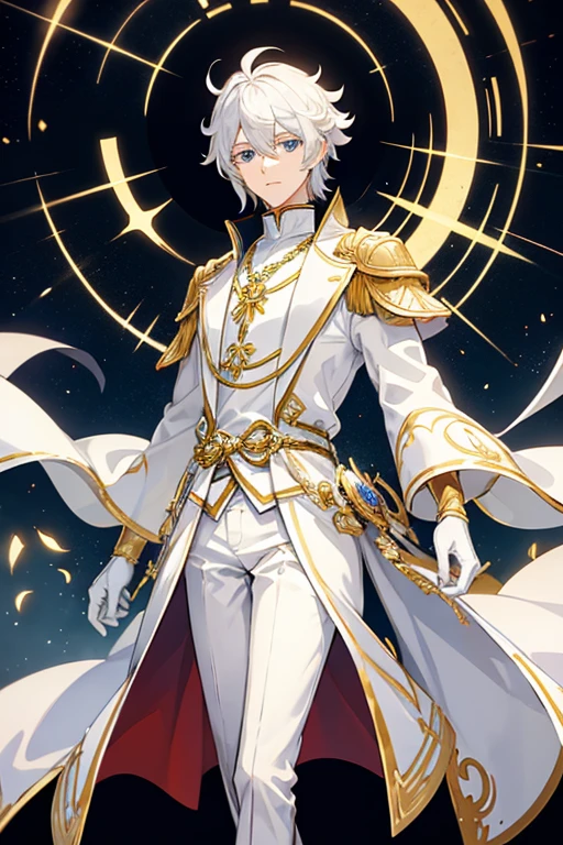 Neuvillette from Genshin Impact 30 years old white hair blue eyes with white priest's clothes with gold details with a necklace with a gold crossifix white pants white habit with gold details white cyber gloves church background