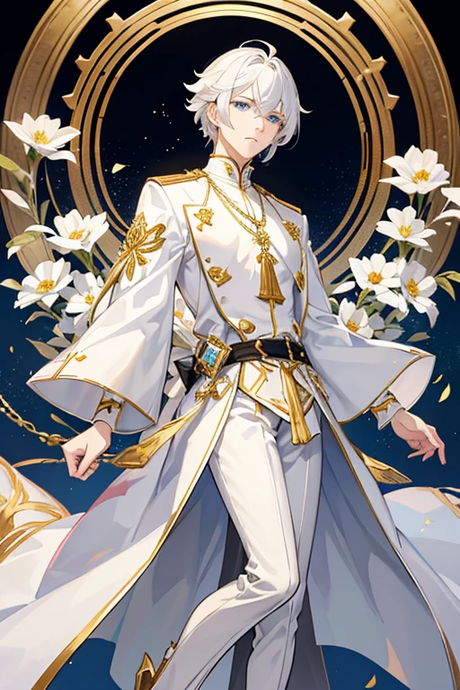 Neuvillette from Genshin Impact 30 years old white hair blue eyes with white priest's clothes with gold details with a necklace with a gold crossifix white pants white habit with gold details white cyber gloves church background