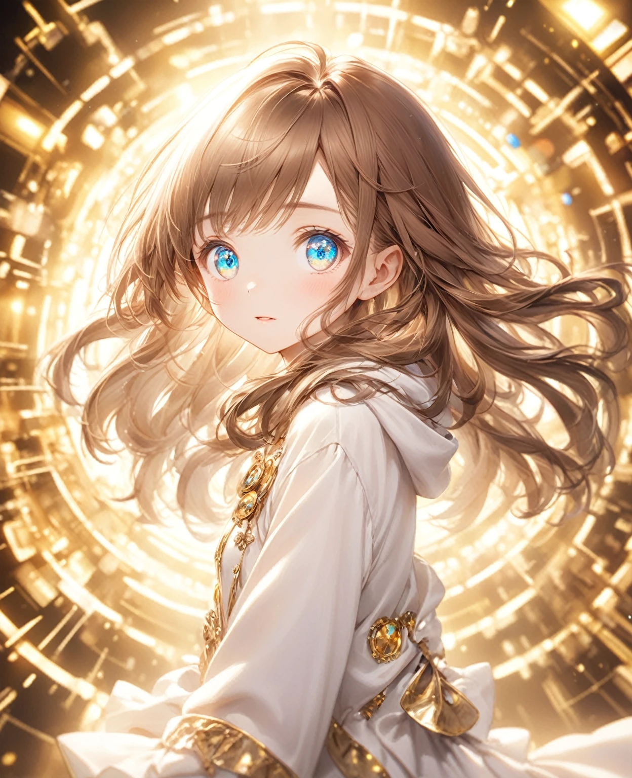 (Highest quality,8k,32K,masterpiece,Ultra-high resolution :1.2 ),born,One girl,Super cute,Natural light,Clear, shining eyes,20-year-old,Fair skin,Electronic world fantasy background,Brown Hair,