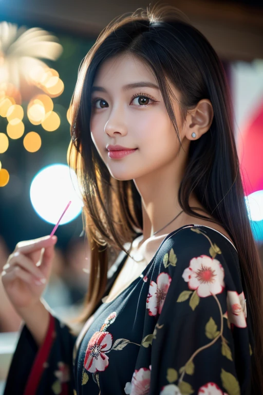RAW Photos, Black Hair、folder、Round eyes、False eyelashes、Straight hair, correct、Pink lipstick、Striped Hair、Brown Hair、Blue Hair、(Dark blue hair)、(Gradient Hair)、Asymmetrical hair、Hair behind the ear、Crossed bangs、Long Hair、(お尻までLong Hair)、Long Hair、Straight bangs、Smooth, Silky Hair、Hair up on one side、とんでもなくLong Hair、Light brown eyes、Ring Eye、Round eyes、Wicked Smile、A light smile、Cast a Shadow、(Extraordinary presence)、Atmospheric perspective、Backlight、Exposure、Lens flare、、最high quality、超High resolution、超High resolution、Very realistic, masterpiece、correct、Textured skin、high quality、最high quality、Awards、32K, 髪のfolder、Crafty、A light smile、Embarrassed laugh、Redness in the ears、correct、Subjective、Shine、360° View、Very detailed、超High resolution、解剖学的にcorrect、masterpiece、High resolution、Attention to detail、Long eyelashes、A slight blush、Compensate, (((Summer festival))),(((Fireworks display))),(((Black yukata)))