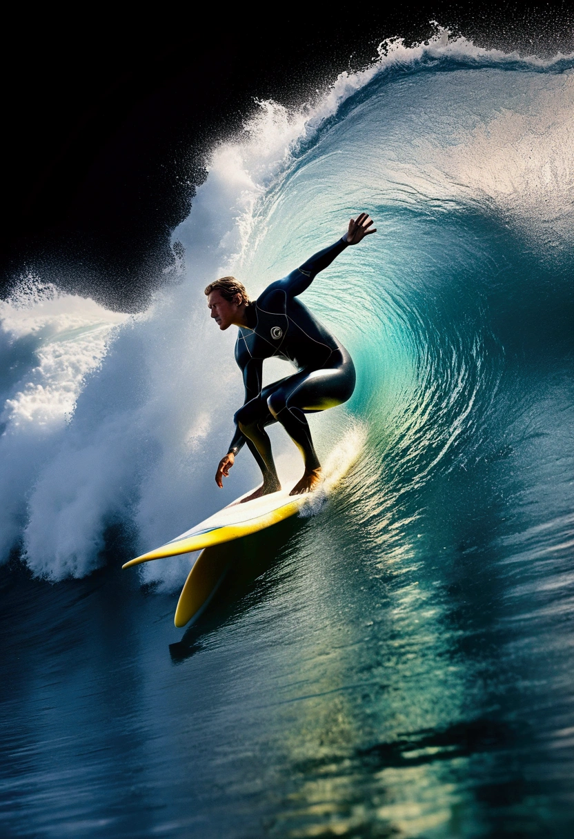(Ultra-realistic Surfing), in Vibrant Void, juxtaposing vibrant with a sense of emptiness, captivating chiaroscuro, dynamic movement, (special effects:0.1), full body, award-winning, cinematic still, emotional, vignette, dynamic, vivid, (masterpiece, best quality, photorealistic, Professional, perfect composition, very aesthetic, absurdres, ultra-detailed, intricate details:1.3)
