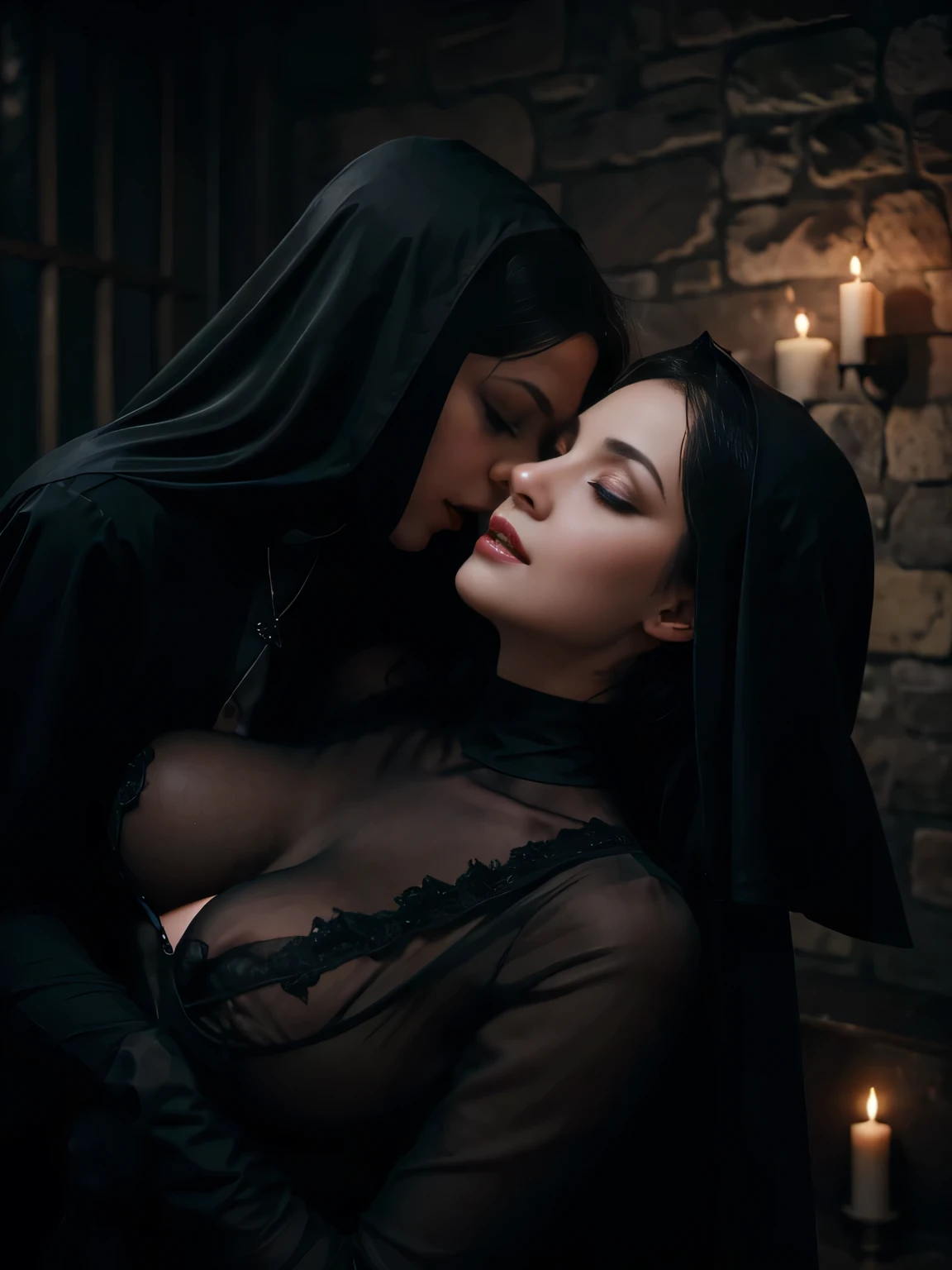 In a gothic chamber during a thunderstorm at night, a beautiful lady vampire makes love to a beautiful ecstatic eyes closed Nun in a gossamer habit , black gloves, masturbating, squirting on teh floor