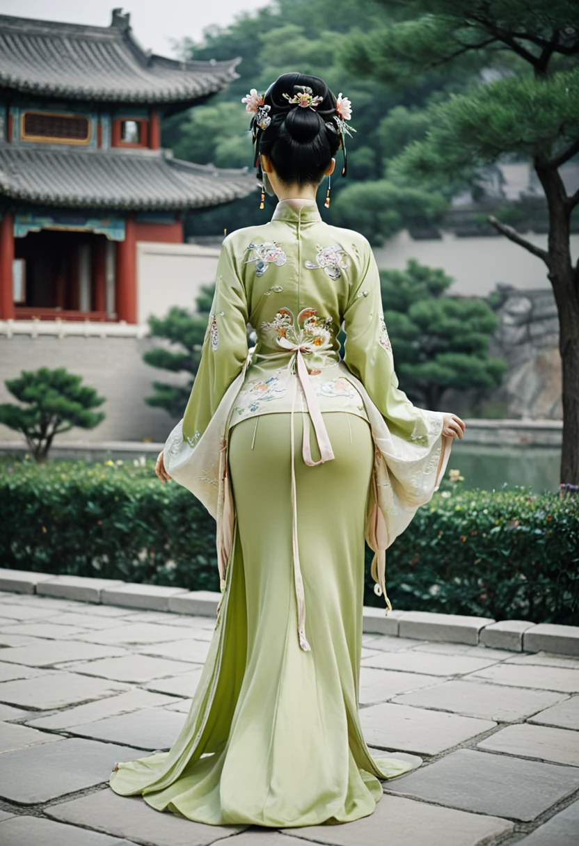 
The image of a Qing Dynasty Empress with her bare buttocks visible. The background is the stone paving outside a Chinese palace during the Qing Dynasty. Only her large buttocks are sticking out. She is either wearing underwear or not. Her protruding buttocks are floating up in the air.　　　　　　　　　　　　　　　　　　　　　　　　　　　　　　
Her hair is decorated with a large flower ornament and a large crown.　
The back of the hair is tied up and up.　Erotic Woman