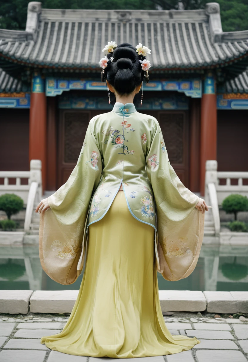 The image of a Qing Dynasty Empress with her bare buttocks visible. The background is the stone paving outside a Chinese palace during the Qing Dynasty. Only her large buttocks are sticking out. She is either wearing underwear or not. Her protruding buttocks are floating up in the air.
Her hair is decorated with a large flower ornament and a large crown.
The back of the hair is tied up and up. Erotic Woman
