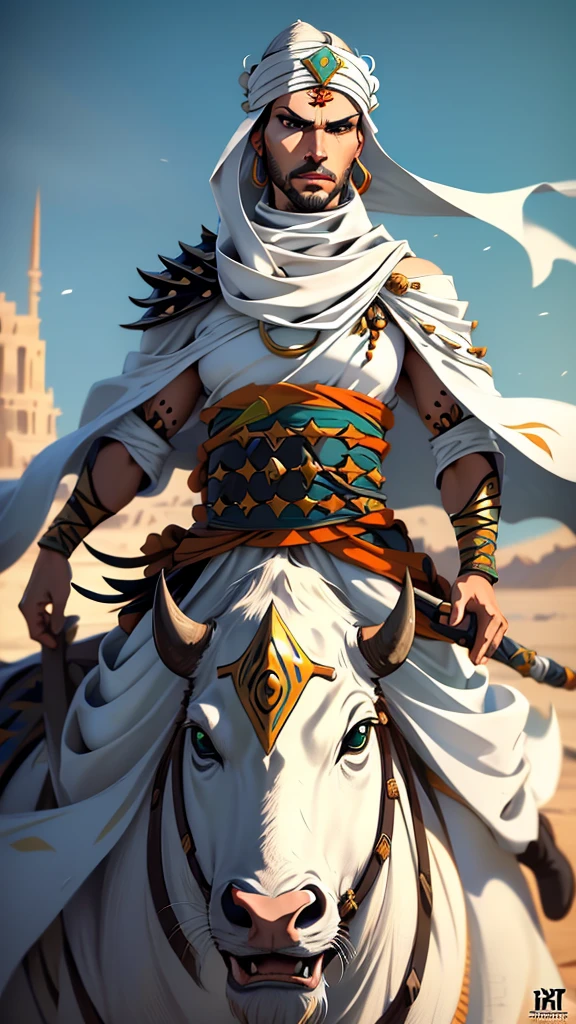 eastern nomad, warrior, general, white thawb, orange fez hat, (riding on a (big black buffalo)), spikes, spears, (masterpiece, best quality), (green eyes), (hyper realistic:1.6), ((detailed face)), ((award-winning)), (sharp), (8k resolution), (cinematic lighting)