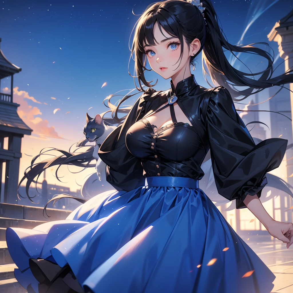 Big Breasts、Cool Girl、Black Hair、High ponytail hairstyle、Blue clothes、Dress freely、Cat pose、evening、super high quality