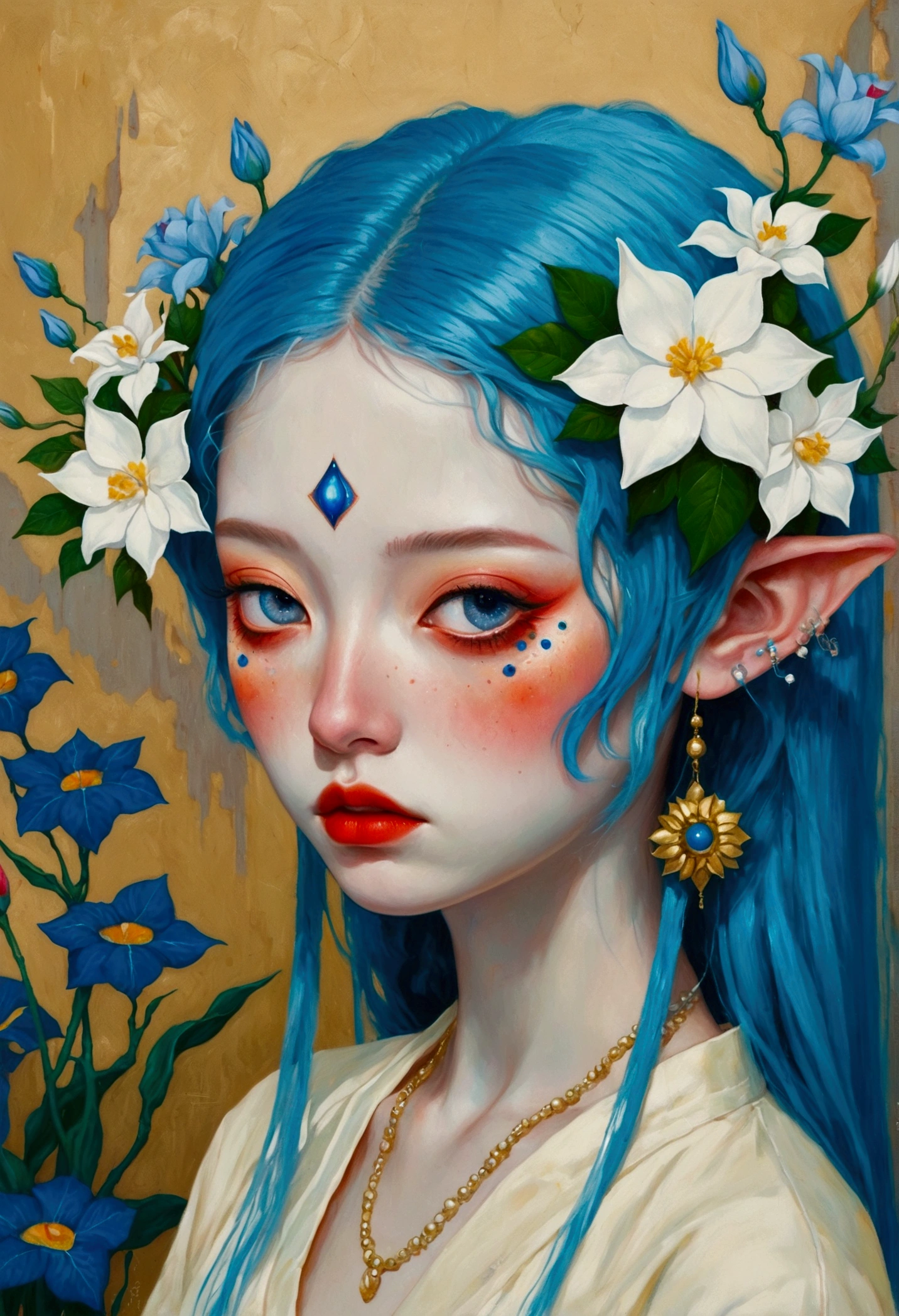 The painting shows a woman with blue hair and blue eyes,Elf ears,Exquisite accessories,Surrounded by exotic flowers, Nandor Katona (Soldier Nándor) Surrealism, Winner of the Behance competition, Pop surrealism, Pop surrealism lowbrow art style, lowbrow Pop surrealism, japanese Pop surrealism, Third Eye Vision, Star-studded eyes,