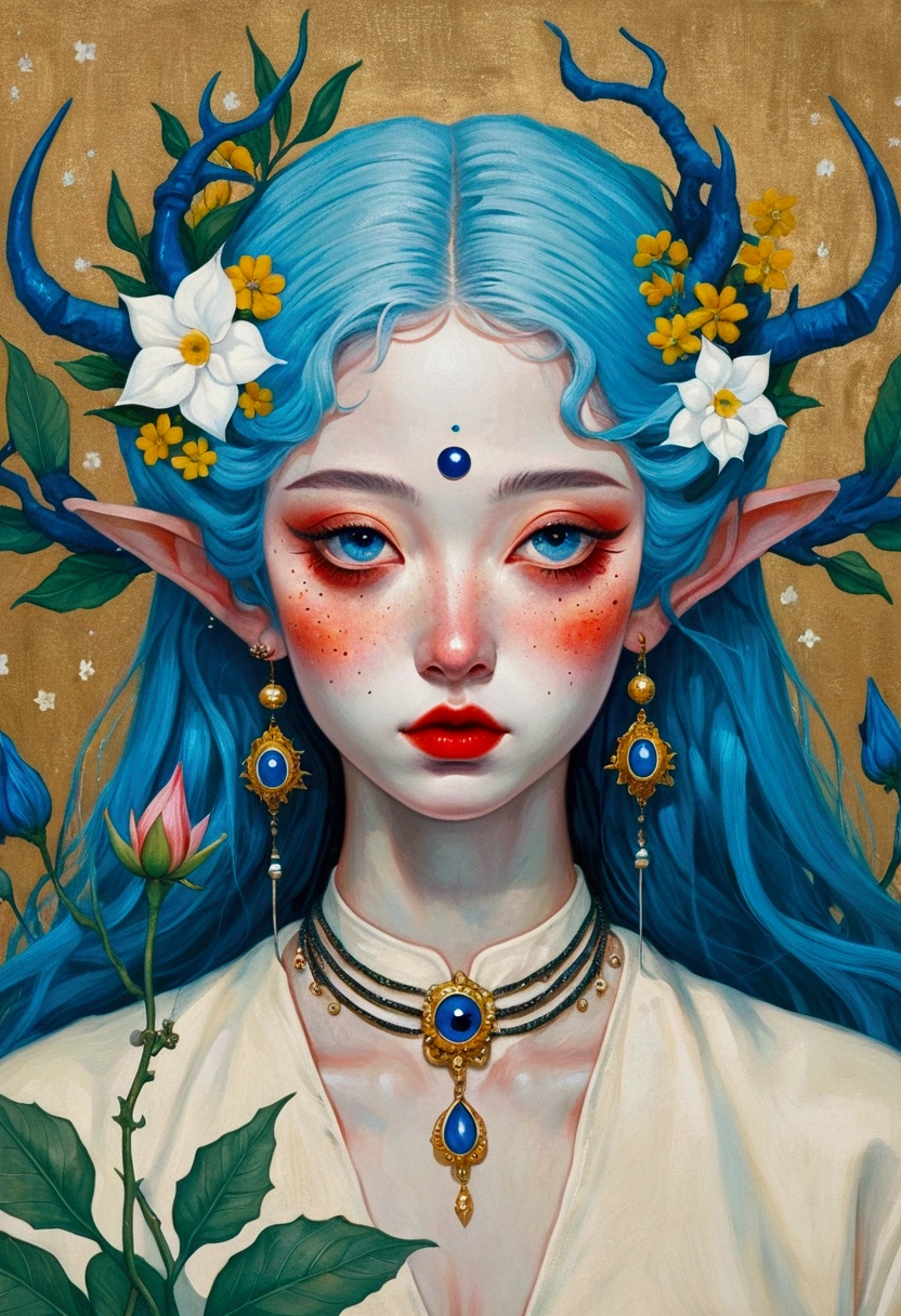 The painting shows a woman with blue hair and blue eyes,Elf ears,Exquisite accessories,Surrounded by exotic flowers, Nandor Katona (Soldier Nándor) Surrealism, Winner of the Behance competition, Pop surrealism, Pop surrealism lowbrow art style, lowbrow Pop surrealism, japanese Pop surrealism, Third Eye Vision, Star-studded eyes,