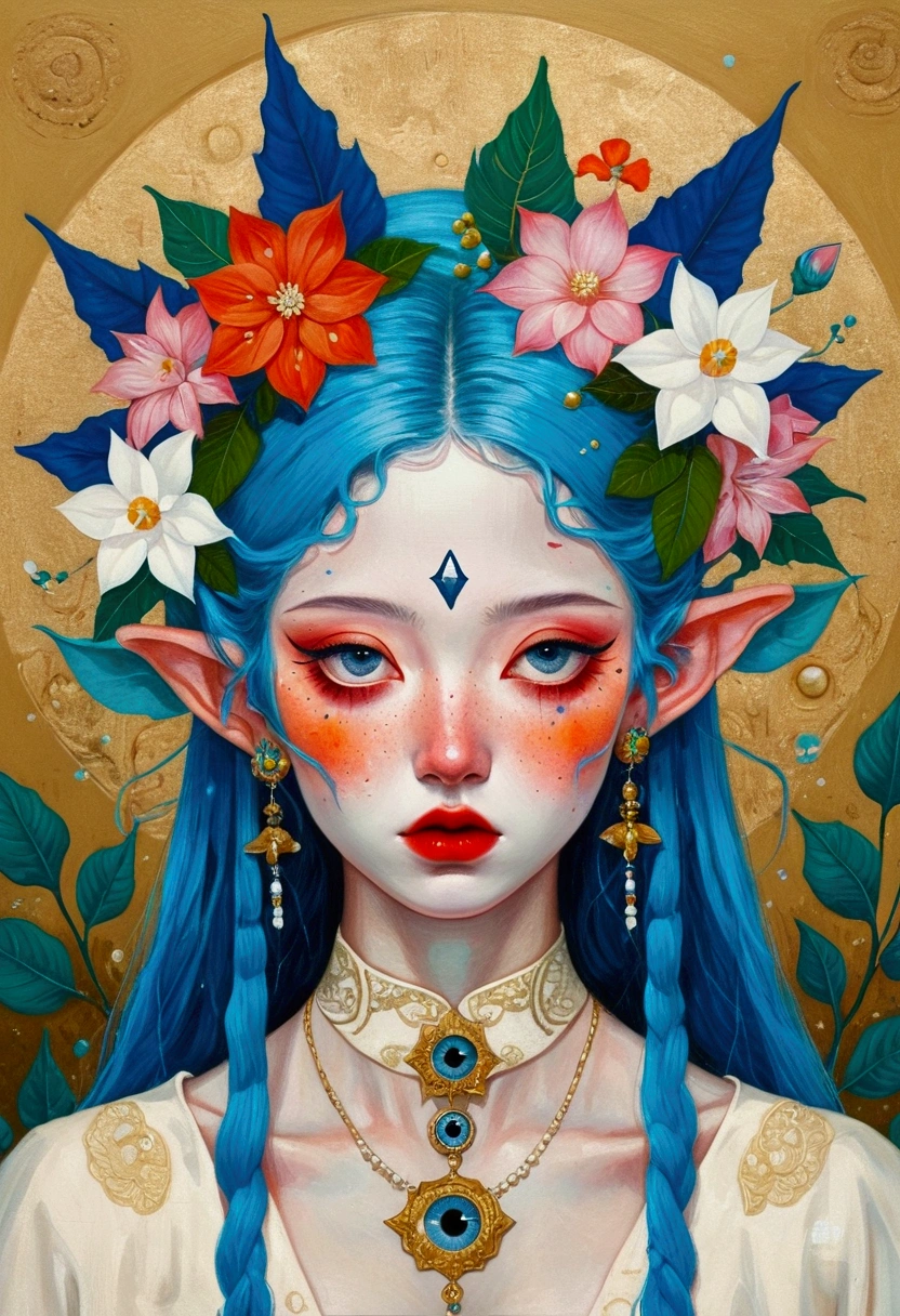 The painting shows a woman with blue hair and blue eyes,Elf ears,Exquisite accessories,Surrounded by exotic flowers, Nandor Katona (Soldier Nándor) Surrealism, Winner of the Behance competition, Pop surrealism, Pop surrealism lowbrow art style, lowbrow Pop surrealism, japanese Pop surrealism, Third Eye Vision, Star-studded eyes,