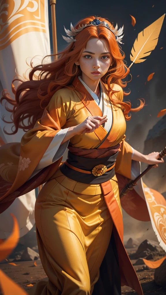 portrait, Young princess ((fighting monsters)), striking figure, long flowing ginger hair, wavy hairs, fair skin, (freckles), ((kolito)), innocent and regal appearance, expressive green eyes are filled with a mix of curiosity and determination, her slender frame, elegant grace, vibrant (((orange kimono))) with white and black decorations, very long sleeves, feather headdress, no background, combat pose, dynamic pose, holding a banner