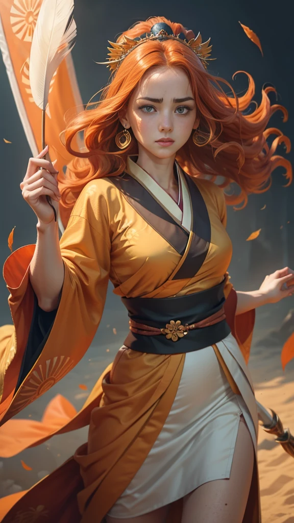 portrait, Young princess ((fighting monsters)), striking figure, long flowing ginger hair, wavy hairs, fair skin, (freckles), ((kolito)), innocent and regal appearance, expressive green eyes are filled with a mix of curiosity and determination, her slender frame, elegant grace, vibrant (((orange kimono))) with white and black decorations, very long sleeves, feather headdress, no background, combat pose, dynamic pose, holding a banner