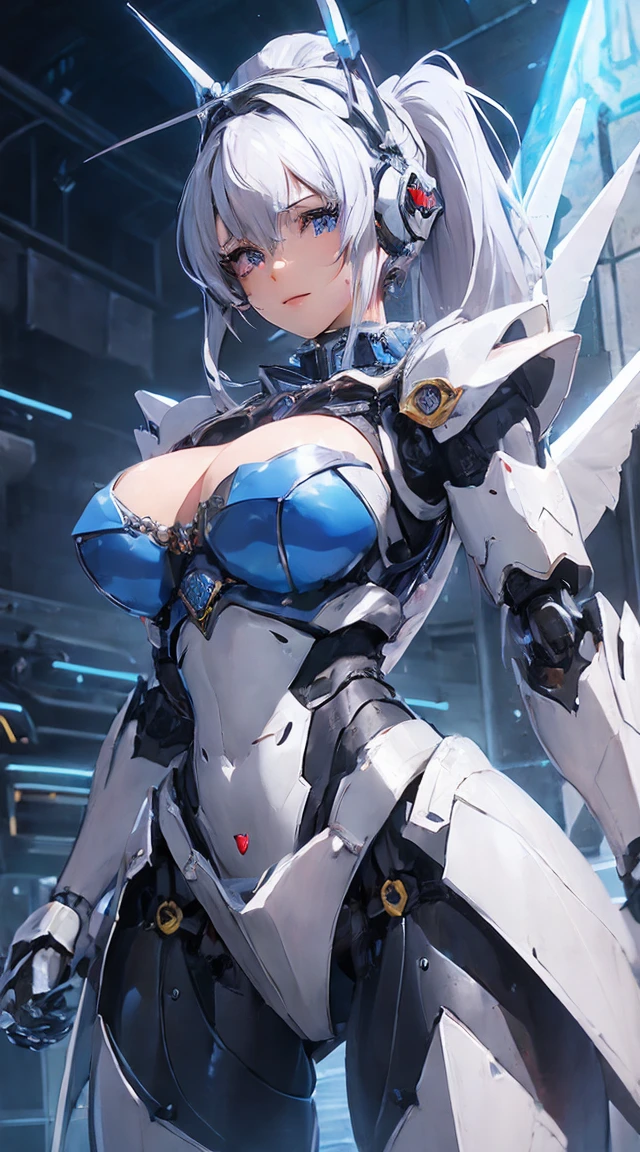 ((Intense action pose:1.6))、((Shining lenses on both breasts:1.3))、((Blue pillars of light are emanating from both chests...:1.3))、smile、((8k)), ((32K)), ((Highest quality)), ((masterpiece)), ((Ultra-high resolution)), ((Tmasterpiece)), ((Halation:1.4))、((Mechaニカルheadgear:1.2))、((Cyber Headphones:1.3))、Fine skin, High quality fabric, Fine metal texture、((Beautiful and dense face))、RAW Photos、Professional, Ultra-fine painting, ((alone)), Beautiful breasts、Highest quality, Very detailed, Very detailed詳細, Finer details, so beautiful, ((Princess Knight Robot:1.2)),  (Joints of machines, Mechanical Limbs:1.3), (The internal structure of the machine is exposed:1.3), (High ponytail:1.1), (Beautiful and huge mechanical breasts)、White Veil, cowboy_shot, Side Focus, headgear, Shiny、(Five Fingers, Four fingers and thumb),Concept Art, Anime fantasy artwork, Detailed fantasy art, (and has large white wings,,,,,,,,), (((High ponytail))), (Mecha:1.6)、Sleek and intimidating design, ((Commander-in-Chief&#39;arm)), (Perfect robot body)、純白と青紫armまたは, Symmetrical wings, 8k高画質, Detailed Art, 8kでのキャラクターアートの3Dレンダリング, neat legs, Defined, Defined fingers,