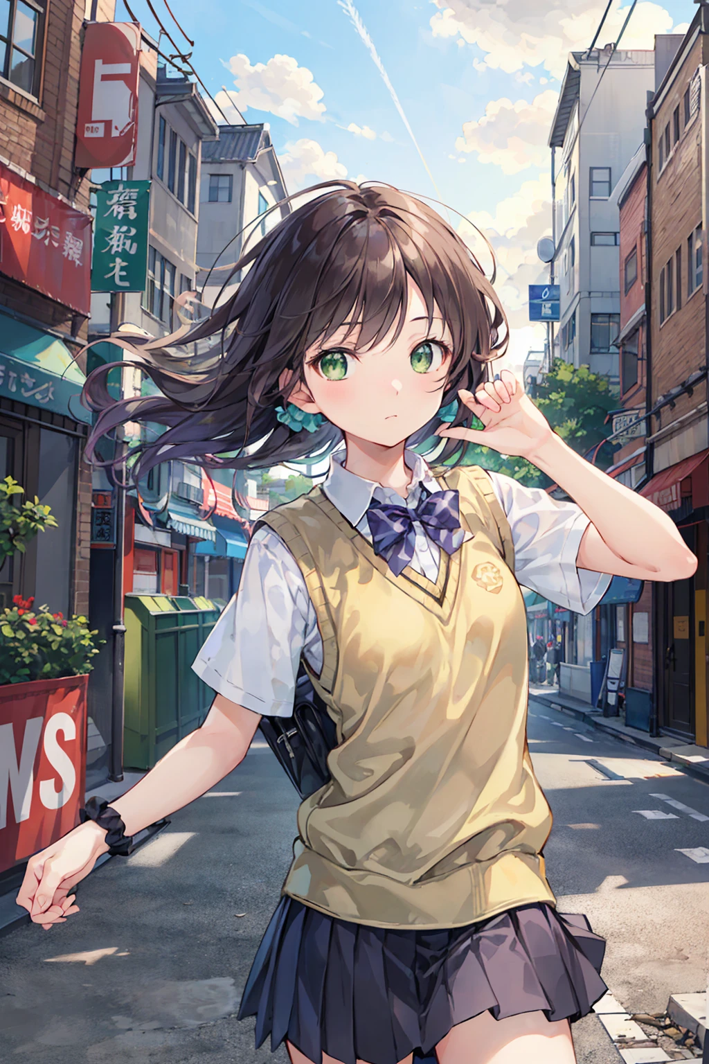 nozomitoujou, Nozomi-san is always, (Green Eyes:1.5), Brown Hair, Shortcuts, Scrunchie, 
Destroy , pleated skirt, Short sleeve, skirt, Summer uniform, Sweater vest, 白のSweater vest,
壊す looking at viewer,
Destroy outdoors, city，Destroy a city of buildings (masterpiece:1.2), Highest quality, High resolution, unity 8k wallpaper, (shape:0.8), (Beautiful attention to detail:1.6), Highly detailed face, Perfect lighting, Extremely detailed CG, (Perfect hands, Perfect Anatomy),Small breasts，Flat Chest