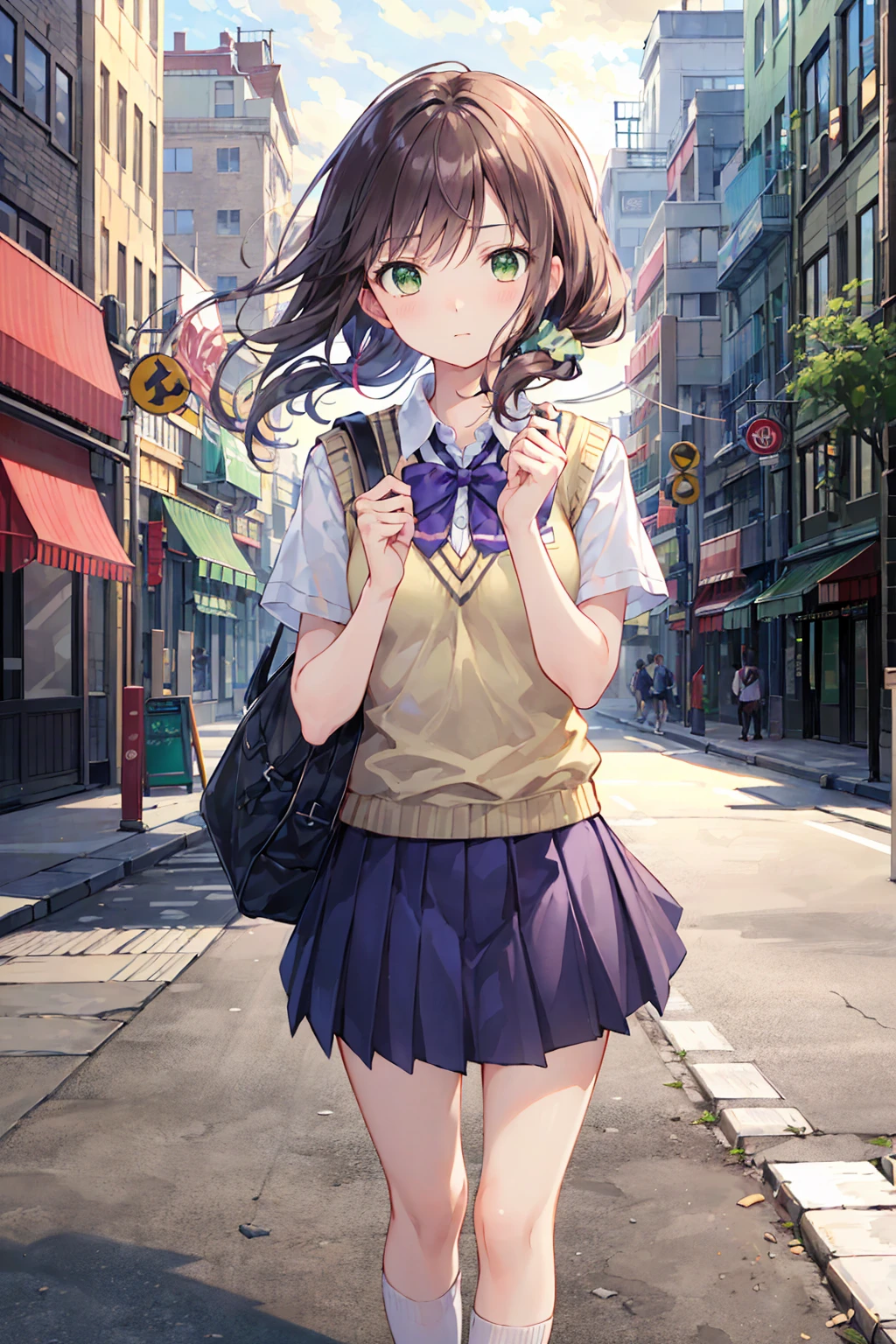 nozomitoujou, Nozomi-san is always, (Green Eyes:1.5), Brown Hair, Shortcuts, Scrunchie, 
Destroy , pleated skirt, Short sleeve, skirt, Summer uniform, Sweater vest, 白のSweater vest,
壊す looking at viewer,
Destroy outdoors, city，Destroy a city of buildings (masterpiece:1.2), Highest quality, High resolution, unity 8k wallpaper, (shape:0.8), (Beautiful attention to detail:1.6), Highly detailed face, Perfect lighting, Extremely detailed CG, (Perfect hands, Perfect Anatomy),Small breasts，Flat Chest