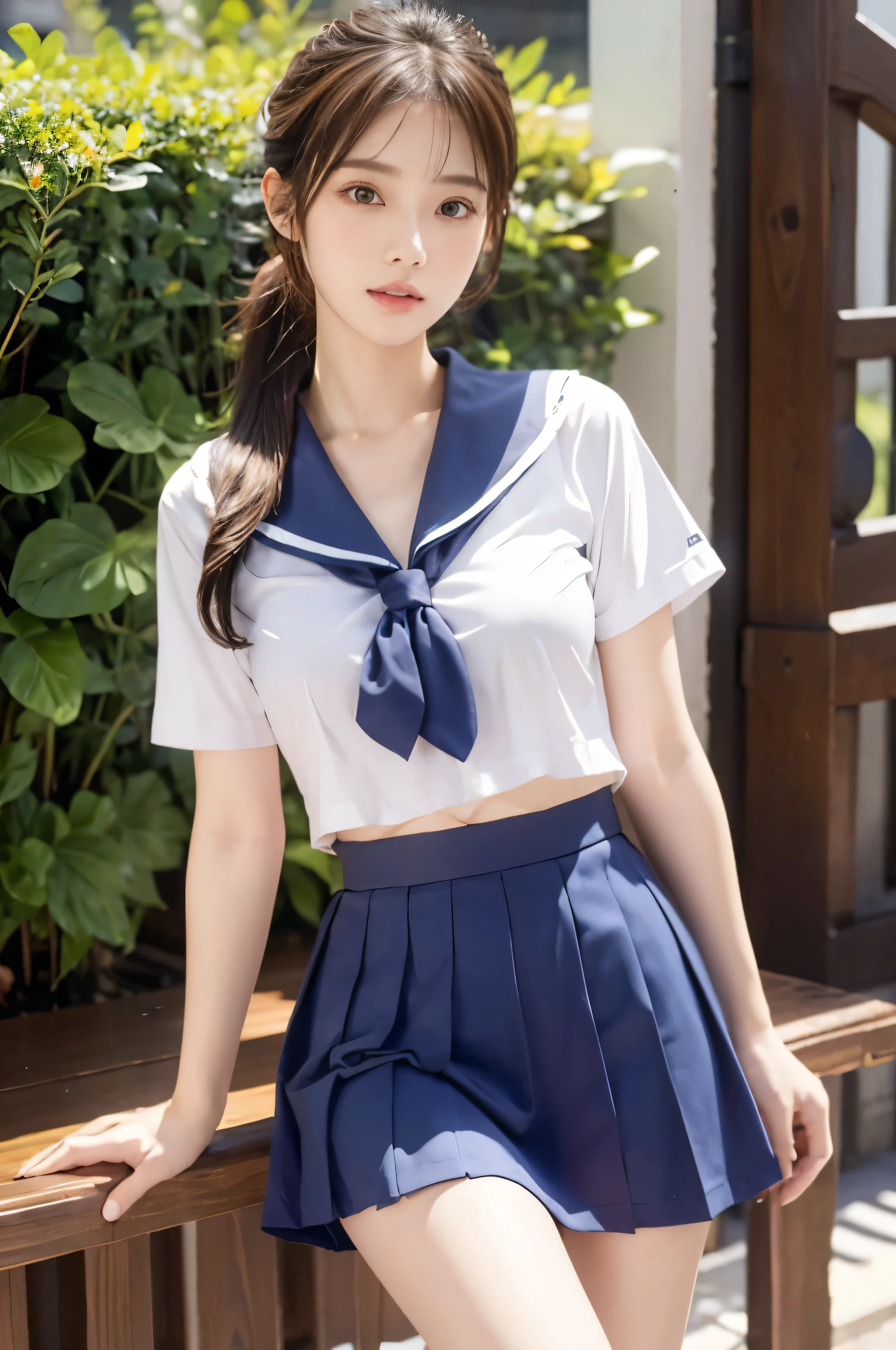 (Ultra HD), (Sailor suit:1.4, White short sleeve shirt, Navy blue mini skirt), Big Breasts, slender, Narrow waist, whole body, Standing posture, (Clean and shiny skin, Whitening, No makeup), (Super slim face, Super beautiful face), (Light Brown Ponytail, Layered Cut, Fluffy hair), (double eyelid, Slanted Eyes), Small Nose, Thin lips, Thin legs, school gate