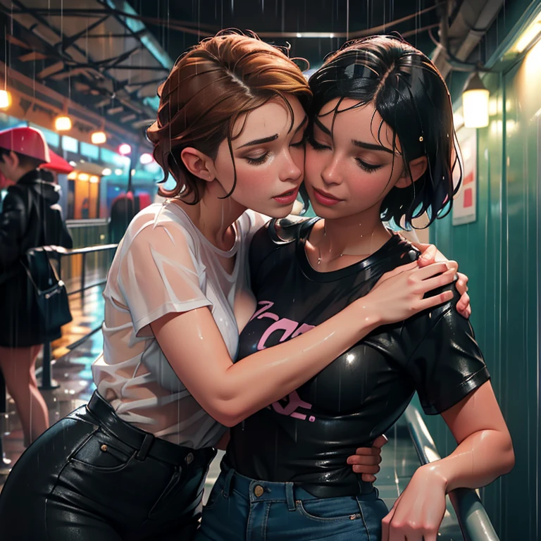 Two women (one woman is 60 years old and the other is 18 years old) under the rain en una estacion de tren al aire libre, lips touching, Wet shirt, Lesbians, Wet, Bottom angle, soaking Wet, under the rain , sapphic art, Cute girls, carnal ) Wet, Foto POV, darling lavarse under the rain, in outdoor train station, Lesbian, Two women, wet, Wet tshirt, Bottom shot, Wet and slimy, lavarse under the rain
