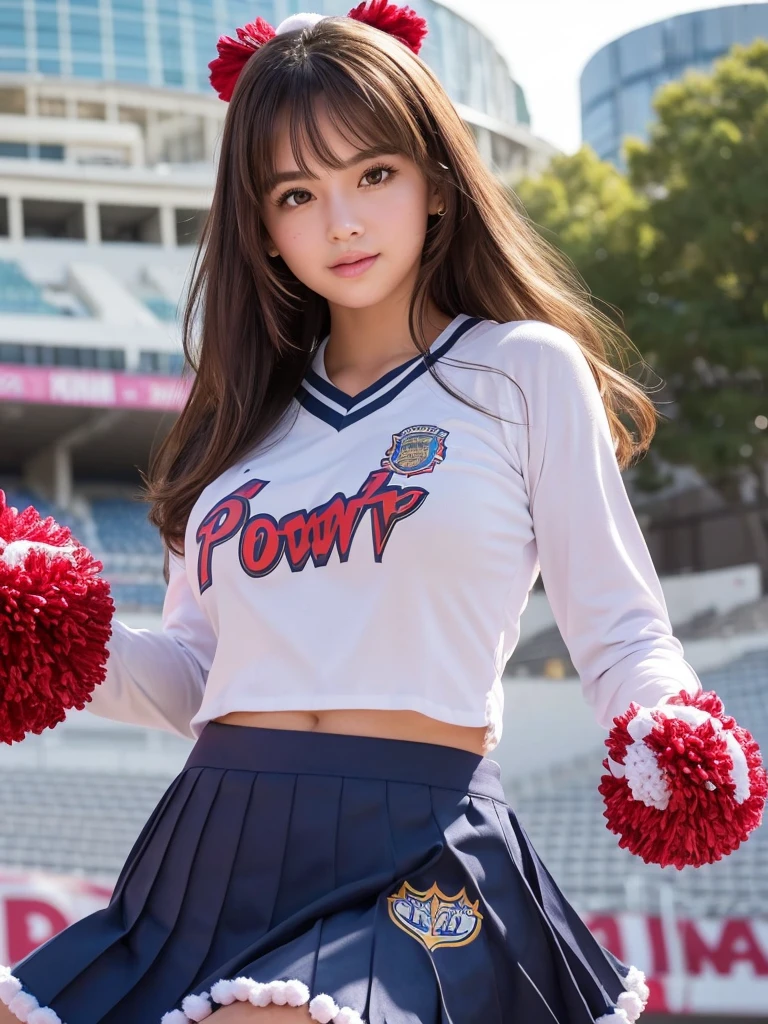 masterpiece, Highest quality, Very detailed, High resolution, (Realistic, photoRealistic:1.37), Excellent anatomy, One beautiful woman, 18-year-old, Height: 152cm, Cheerleader, (Holding a pom-pom in both hands:1.5), A small smile, cheer leading, Cheerleader uniform, (shape), Micro Pleated Mini Skirt, No underwear, ((Very delicate and beautiful)), ((Stadium Background:1.2)), Brown Hair, Long Hair, bangs, Very beautiful face, Cute type, Big Natural Color Lip, Small and cute nose, Big and pretty eyes, Brown eyes, Obvious double, Shiny highlight spots around the eyes, Character Focus, Tilt your head, The best light, Best Shadow, mysterious, Perfect Face, Very detailed, Soft Skin, (Glowing Skin, Sweaty: 1.2), Beautiful feet, Voluptuous thighs, Plump body, Huge breasts, (Expresses the roundness and softness of the chest area.........1), Beautiful body, (The perfect woman), Spread your legs, ((Provocative dynamic pose)), Skirt flip, (Spreading pussy:1.5)