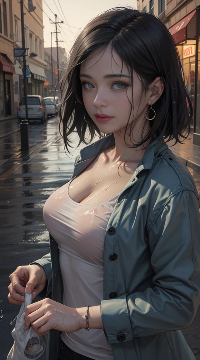 Transparent, wet gradient, (without bra) (small and beautiful hard (thin and moist buttons up to the length of the shirt: 1.1), (white shirt wet with rain), (rain, street: 1.2), wet body: 1.1, very detailed face and skin texture, detailed eyes, double eyelids, moody atmosphere, sharp eyes, (large), ((8k, RAW photos, top quality, masterpiece), High Definition RAW Color Photo Professional Close-up Photo, (Realistic, Photorealism: 1.37), (Best Quality), (Best Shadow), (Best Illustration), ((Erotic, Sexy, Ultra High Definition, High Definition CG Integrated 8K Wallpaper, Physically Based Rendering, Cinematic Lighting), 1 School 18  Old Girl, Straight Hair, (Big)