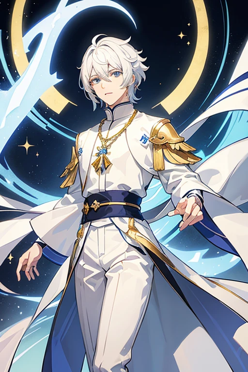 Neuvillette from Genshin Impact 30 years old white hair blue eyes wearing white priest clothes with a necklace with a golden cross white pants white habit with golden details white cyber gloves blue background