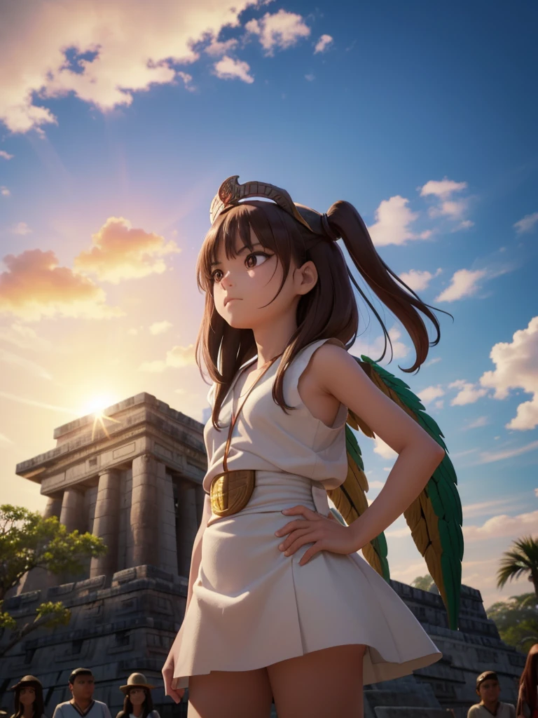 Childish, high quality、Very detailed、８Year、Mayan Aztec young priestess、Flying Feathered Serpent（Quetzalcoatl Kukulkan）look up at the sky and pray、Chichen Itza Forest Temple of the Sun、mysterious、whole body