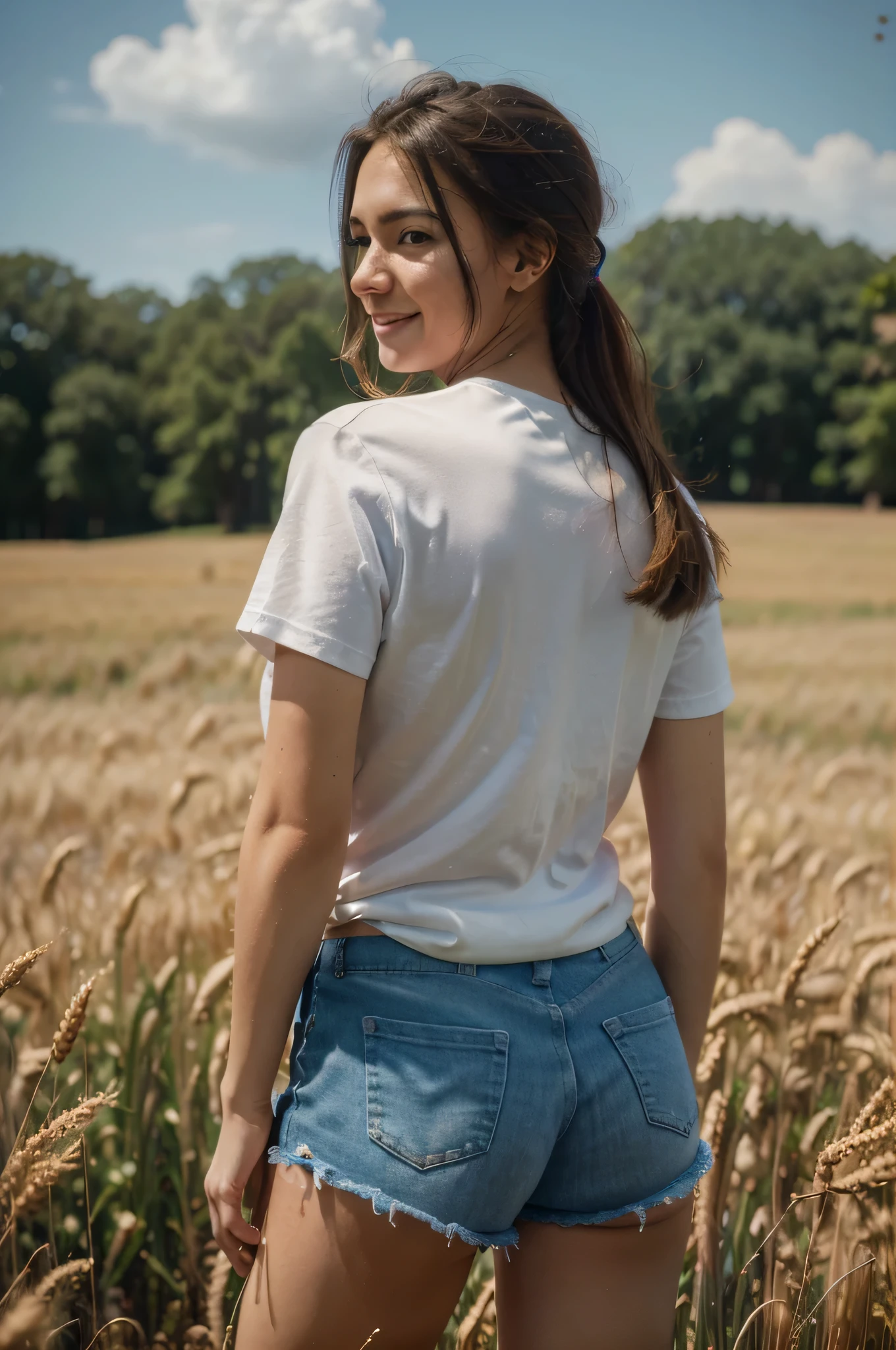 A girl in a field of wheat, wearing a white t-shirt and short blue shorts, smiling, shot from the back and side, focus on her figure, (best quality,4k,8k,highres,masterpiece:1.2),ultra-detailed,(realistic,photorealistic,photo-realistic:1.37),HDR,UHD,studio lighting,ultra-fine painting,sharp focus,physically-based rendering,extreme detail description,professional,vivid colors,bokeh,landscape,photography,natural lighting