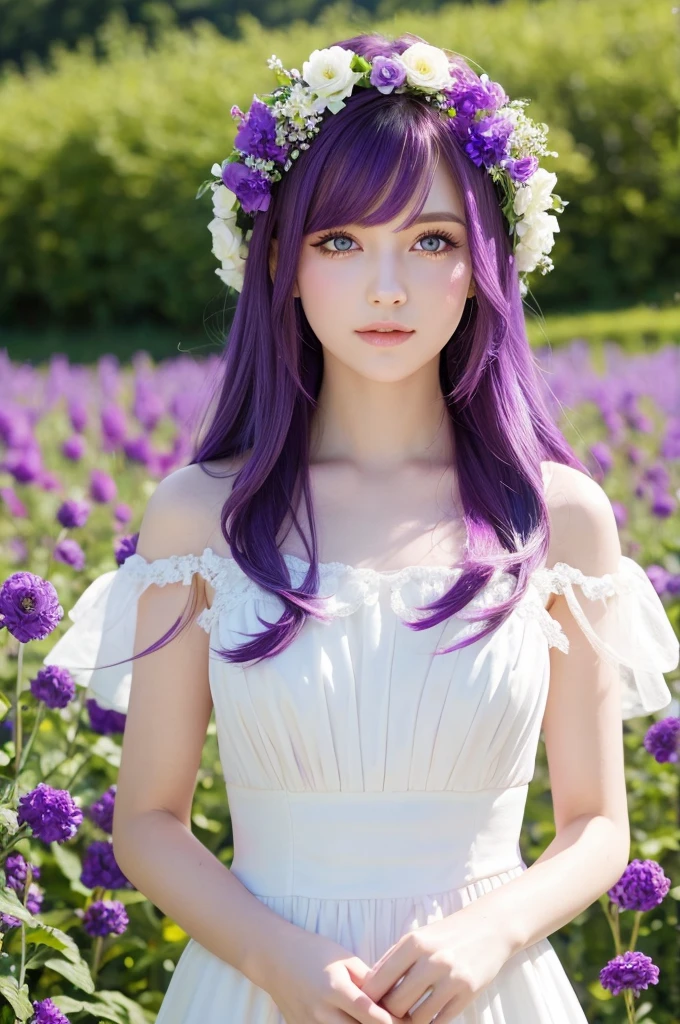 Purple hair, Caucasian beauty, purple eyes, long hair, dress, flower field, flower decoration on head, front