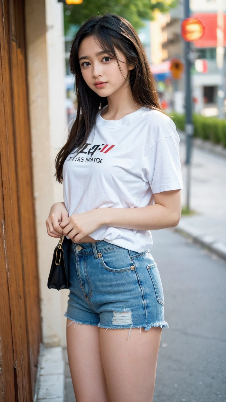 (8k, RAW Photo, Best Quality, Masterpiece:1.3),(Real,Photo:1.37),(Looking at Viewers:1.331),(Black Hair),Pose,Beachfront,Morning View,Sunrise,Clear Sky,1Girl,Very Beautiful Face,Small,Put Your Hands Down,Pony Hairstyle,Weight Hair,Fluffy Hair,Shoulder Length,Straight Hair,Random Expression,Smile at the Corner of Mouth,Big Eyes,(T-shirt,Round Collar,Short Sleeves,Opaque Color,Shirt Color),(Wearing underwear),mix4,No Hair Accessories,Best Quality Hair, (big breast).