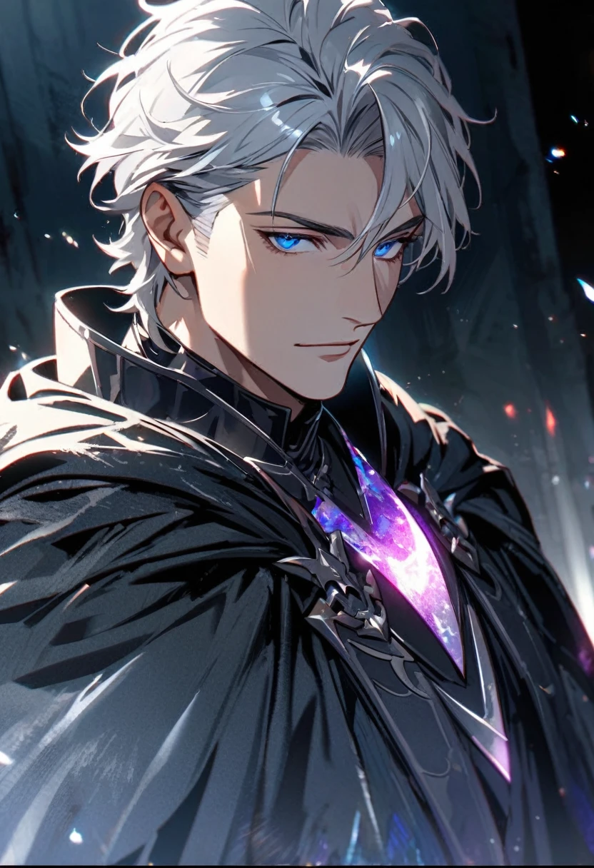male, solo, handsome, silver hair, shadow, experienced, dark silver general cloak, blue eyes, beautiful eyes,  high detail, villain, middle-age, silver aura, holo, macro picture, mature, anti hero, parted bang, short hair, feather on shirt