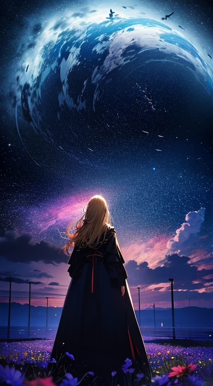 1people々々々々々々,Blonde long-haired woman,Long coat, Dress Silhouette, Rear View,Space Sky, Flower Field,Colorful flowers