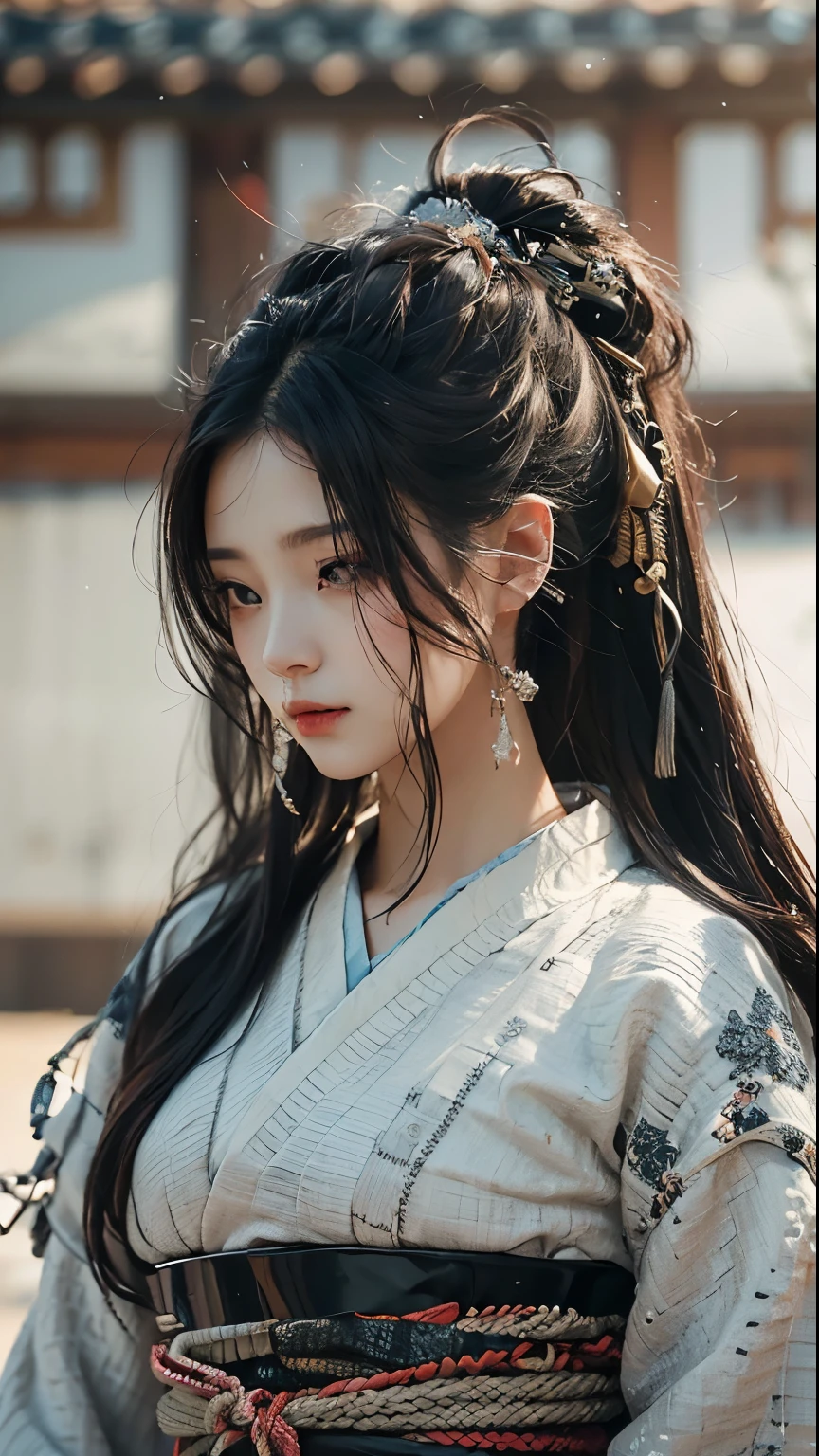 ((best quality)), ((masterpiece)), (very detailed:1.3), 3d, realistic, beautiful, female assassin with long black hair, samurai hanbok korean clothes, looking at camera, in action