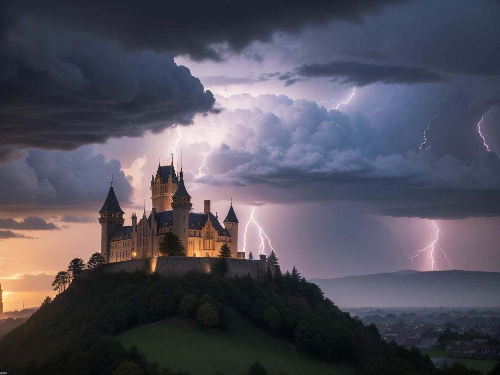 (late afternoon):0.9, (dense atmosphere):0.8, (feeling cold):0.7, (castle):1.2, (medieval):1.1, (storm):1.4, (lightning):1.3, (rain):1.2, (drizzle):1.2, (detailed 8k):1.5.