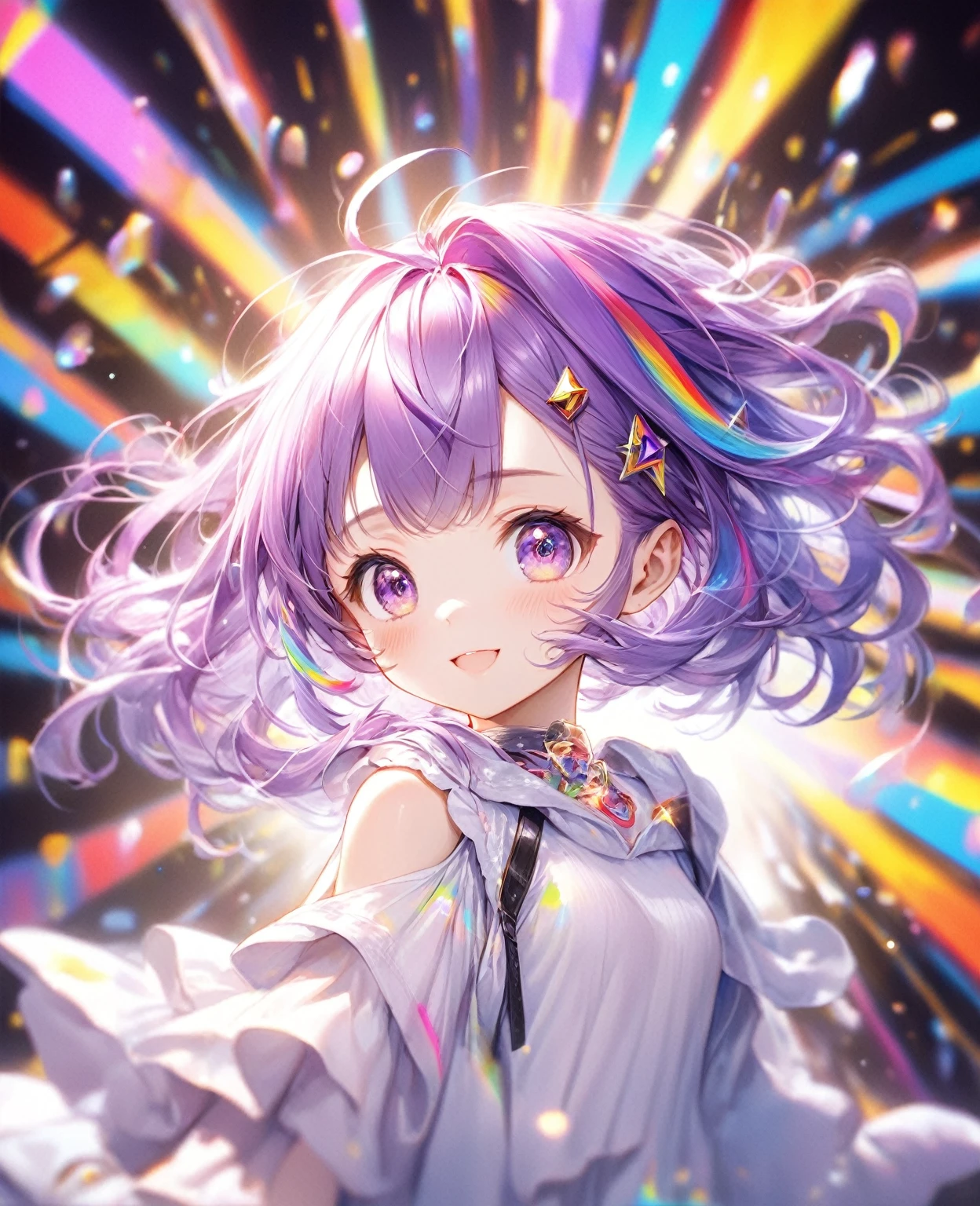 (Highest quality,8k,32K,masterpiece,Ultra-high resolution :1.2 ),born,One girl,Super cute,Natural light,Clear, shining eyes,20-year-old,Fair skin,Electronic world fantasy background,Purple Hair,A little rainbow hair,Wink