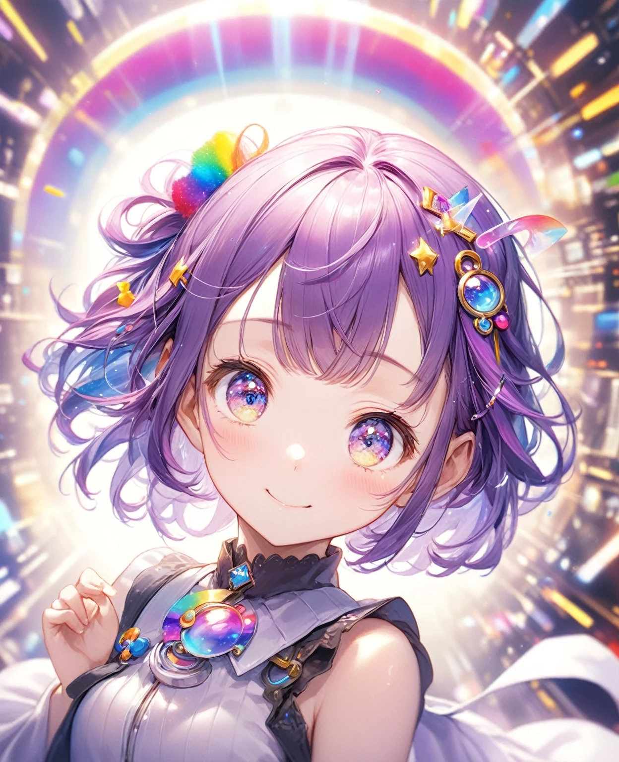 (Highest quality,8k,32K,masterpiece,Ultra-high resolution :1.2 ),born,One girl,Super cute,Natural light,Clear, shining eyes,20-year-old,Fair skin,Electronic world fantasy background,Purple Hair,A little rainbow hair,Wink
