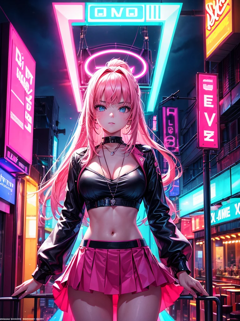 Make an image of something that looks very aesthetic with neon lights, make an image of a neon bar, also add a beautiful girl in the front facing the viewer and various people in the background, make her look prettier, she's wearing more jewellery, give a front view of her, straighten her posture, she's wearing a pink skirt