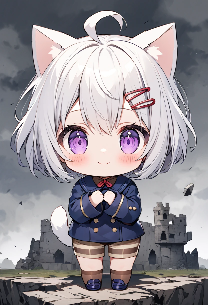 master piece, best quality, ultra-detailed, illustration, 1girl, solo, chibi, (big head), cute pose, front view, looking at viewer, ((full body Close up)), Filian, (hairclip:1.5), (hair bell:1.5), white hair, short hair, cat ears, ahoge, purple eyes, blush, smiling, (fluffy tail), ((navy blue 6buttons peacoat)), long sleeves, brown striped shorts, brown knee socks, navy blue shoes, battlefield background, gloomy atmosphere, broken castle, broken walls, broken windows