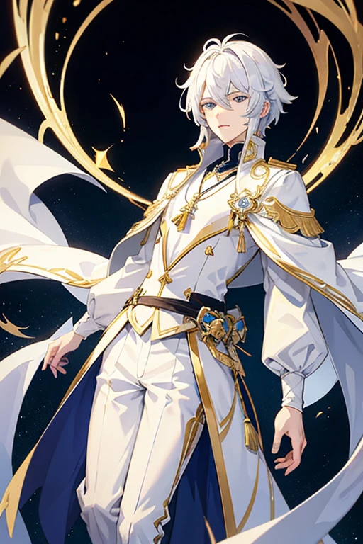 Neuvillette from Genshin Impact 30 years old white hair blue eyes wearing white priest clothes with a necklace with a golden cross white pants white habit with golden details white cyber gloves blue background