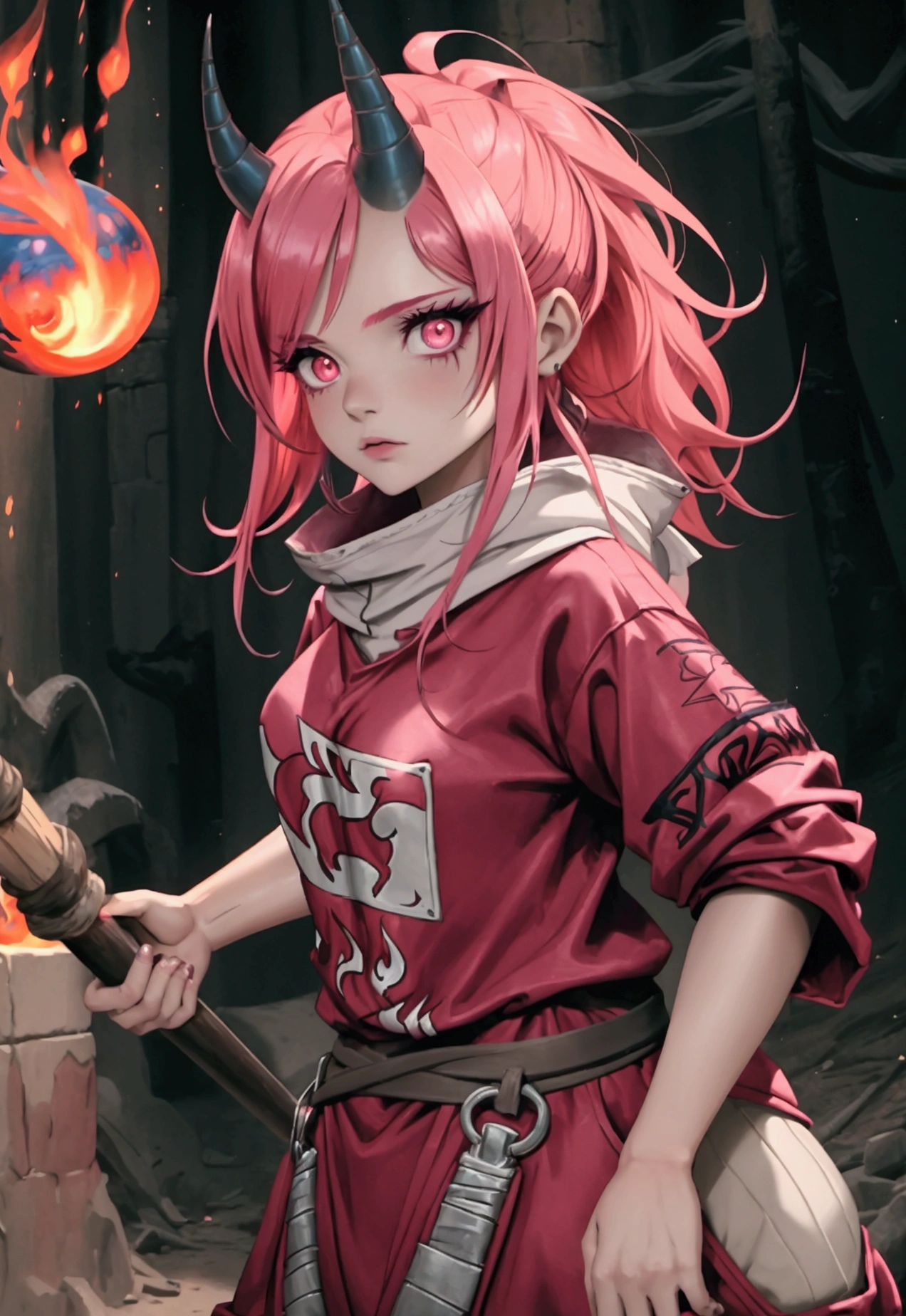 An adult female with pink skin with very thin fire horns protruding from the front of her forehead, ((hair on fire fire)) ((with baggy clothes style oriental rpg world)) (perfect human eyes) (perfectbody) work of art, best qualityer, (full viwer), bottom clean.