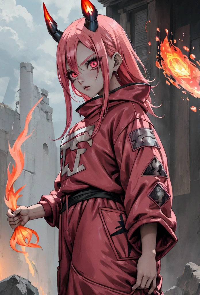 An adult female with pink skin with very thin fire horns protruding from the front of her forehead, ((hair on fire fire)) ((with baggy clothes style oriental rpg world)) (perfect human eyes) (perfectbody) work of art, best qualityer, (full viwer), bottom clean.
