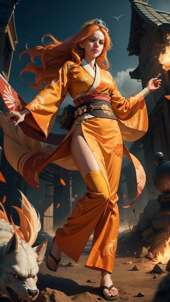 portrait, Young princess ((fighting monsters)), striking figure, long flowing ginger hair, wavy hairs, fair skin, (freckles), ((kolito)), innocent and regal appearance, expressive green eyes are filled with a mix of curiosity and determination, her slender frame, elegant grace, vibrant (((orange kimono))) with white and black decorations, very long sleeves, feather headdress, no background, combat pose, dynamic pose, holding a banner