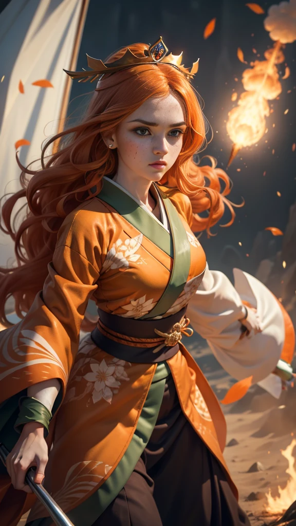 portrait, Young princess ((fighting monsters)), striking figure, long flowing ginger hair, wavy hairs, fair skin, (freckles), ((kolito)), innocent and regal appearance, expressive green eyes are filled with a mix of curiosity and determination, her slender frame, elegant grace, vibrant (((orange kimono))) with white and black decorations, very long sleeves, feather headdress, no background, combat pose, dynamic pose, holding a banner