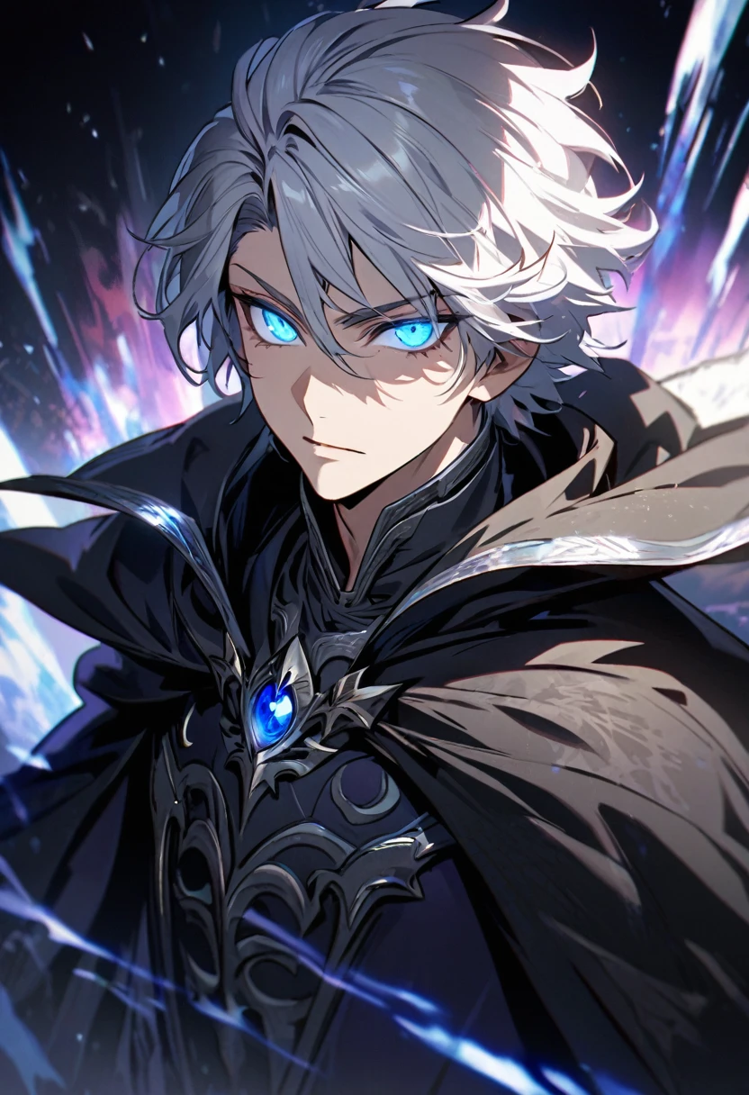 male, solo, handsome, silver hair, shadow, experienced, dark silver general cloak, blue eyes, beautiful eyes, high detail, villain, middle-age, silver aura, holo, macro picture, anti hero, parted bang, short hair, feather on shirt, glowing eyes